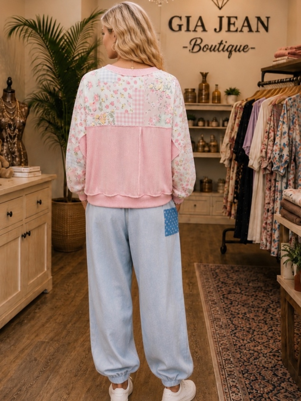 ❤️ GIAJEAN “ MAYA ” GIAJEAN Floral Patchwork Ribbed Long Sleeve Top 88 - Picture 5 of 5